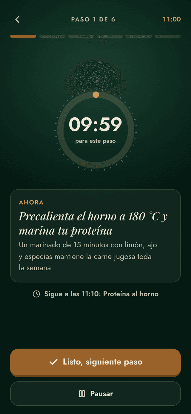 Modo cocina oscuro con reloj y un paso a la vez