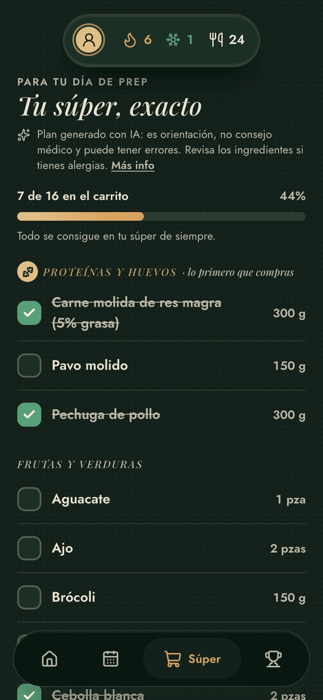 Lista del súper exacta con la sección de proteínas y huevos arriba